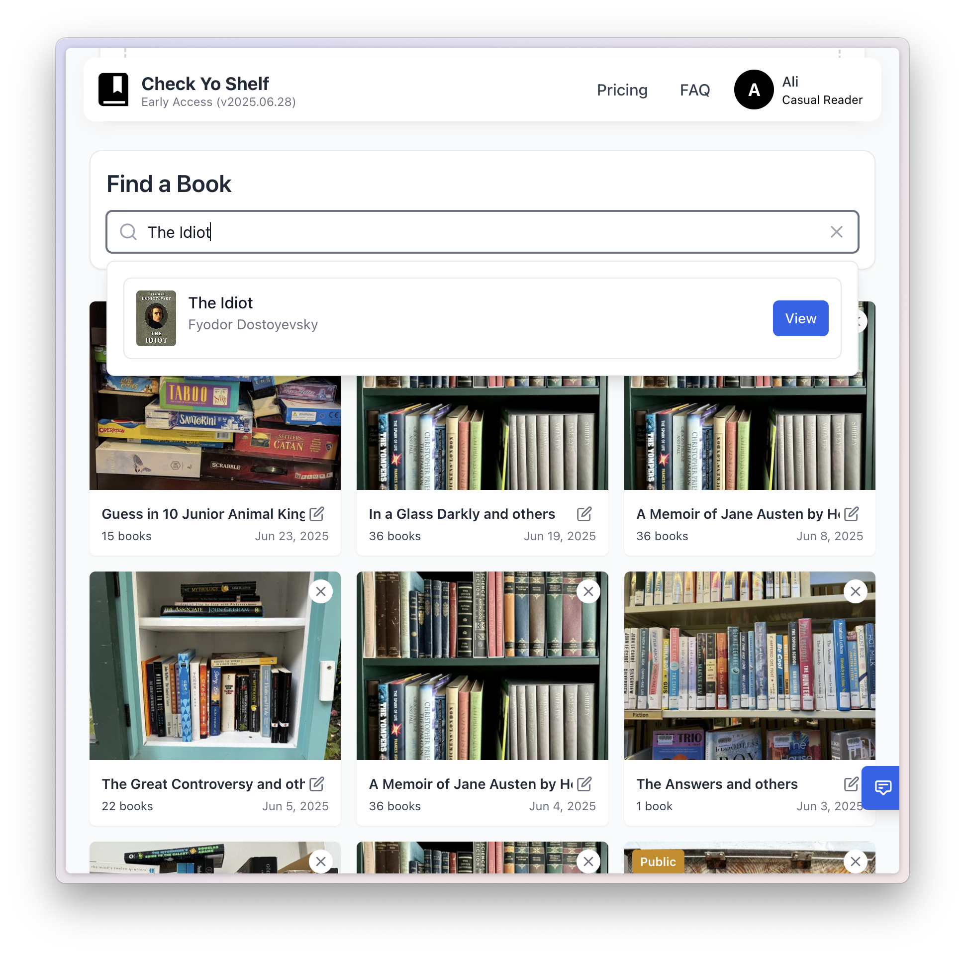 The Check Yo Shelf home screen with saved shelves and a Find a Book search
