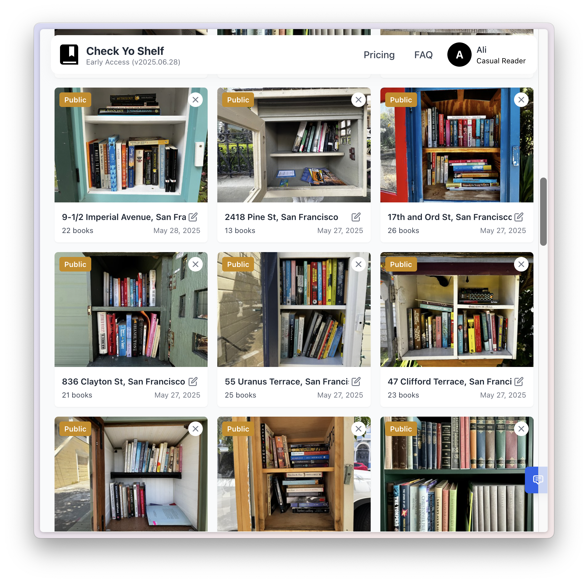A grid of San Francisco little free library shelves marked public