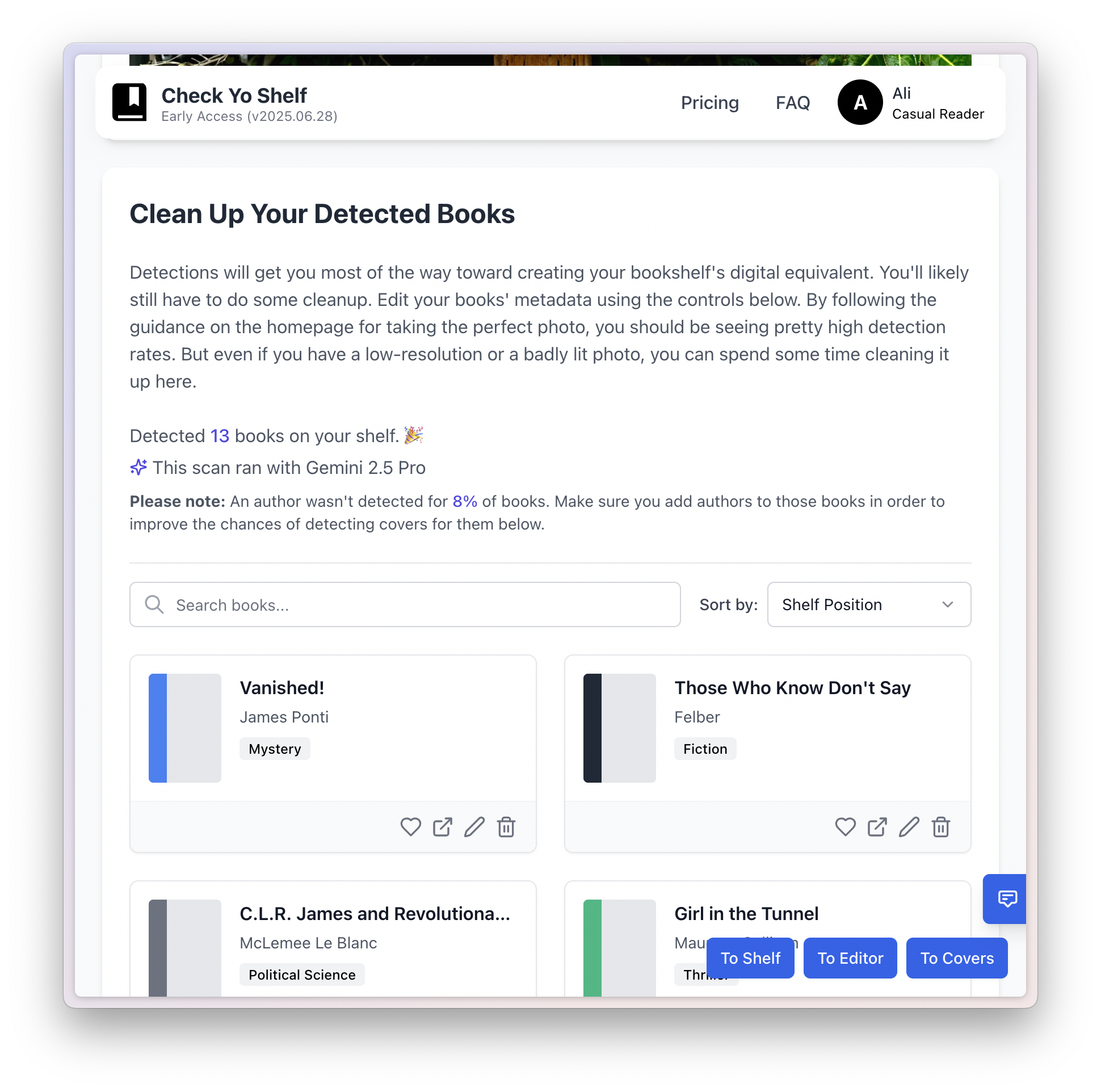 The clean-up view for reviewing detected titles, authors, and genres