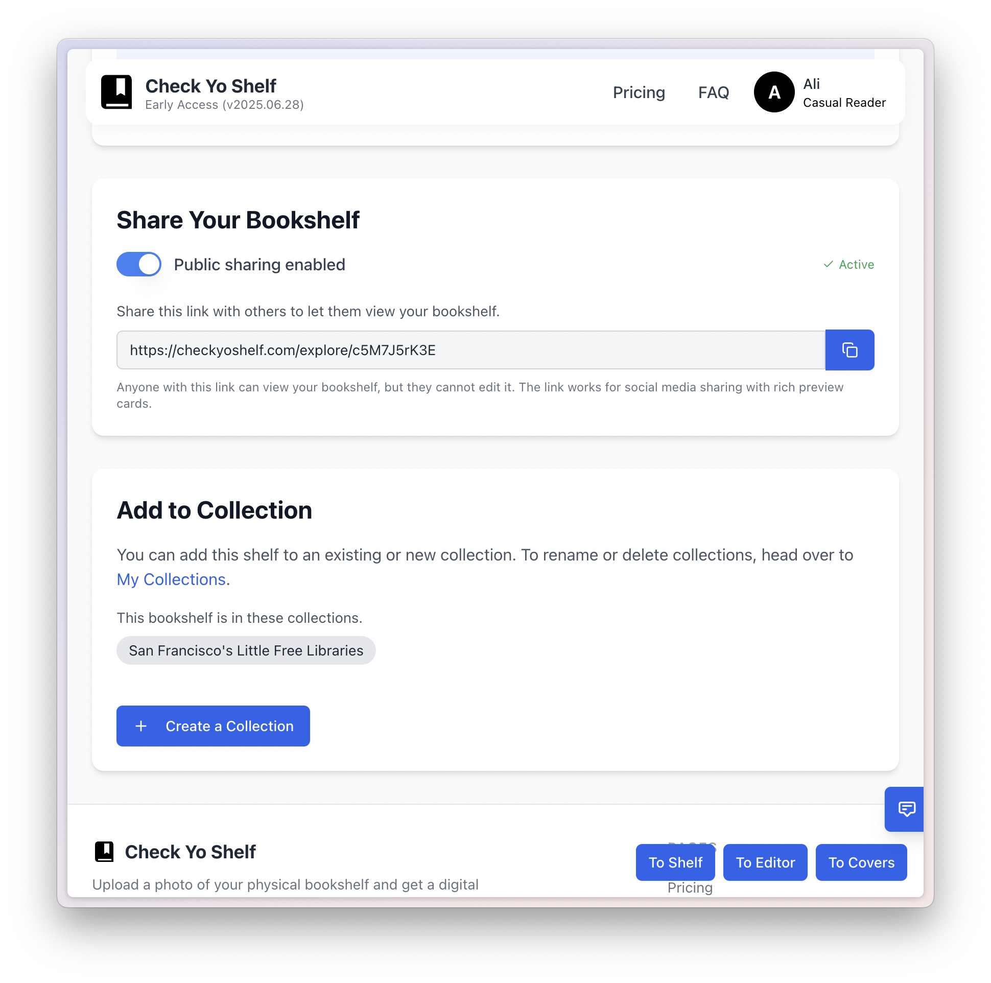 Public sharing toggle, share link, and add to collection